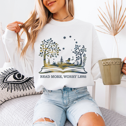 📚🌿 “Read More, Worry Less” Bookish Escape Sweatshirt ✨