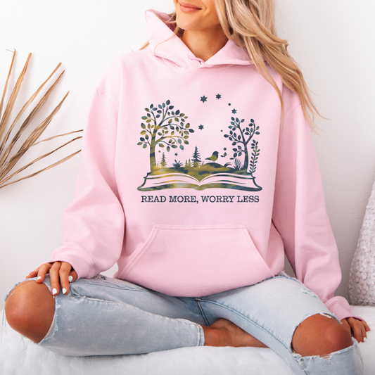 📚🌿 “Read More, Worry Less” Nature Hoodie – Book Lover Vibes ✨🕊️