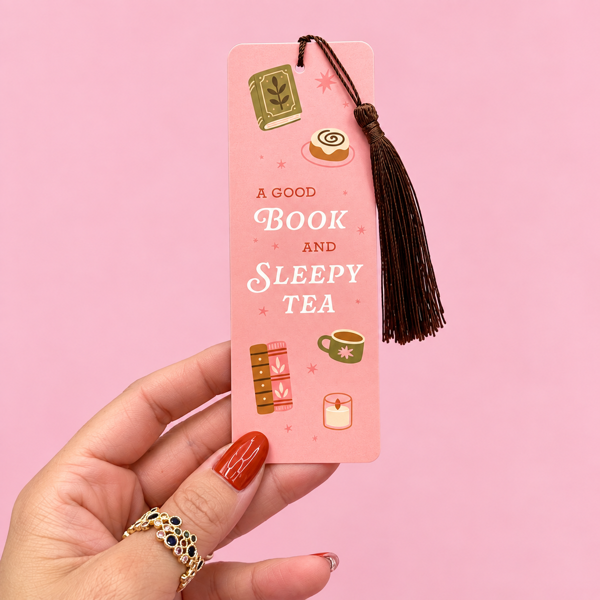 📚 A Good Book & Sleepy Tea Bookmark with Tassel ☕✨