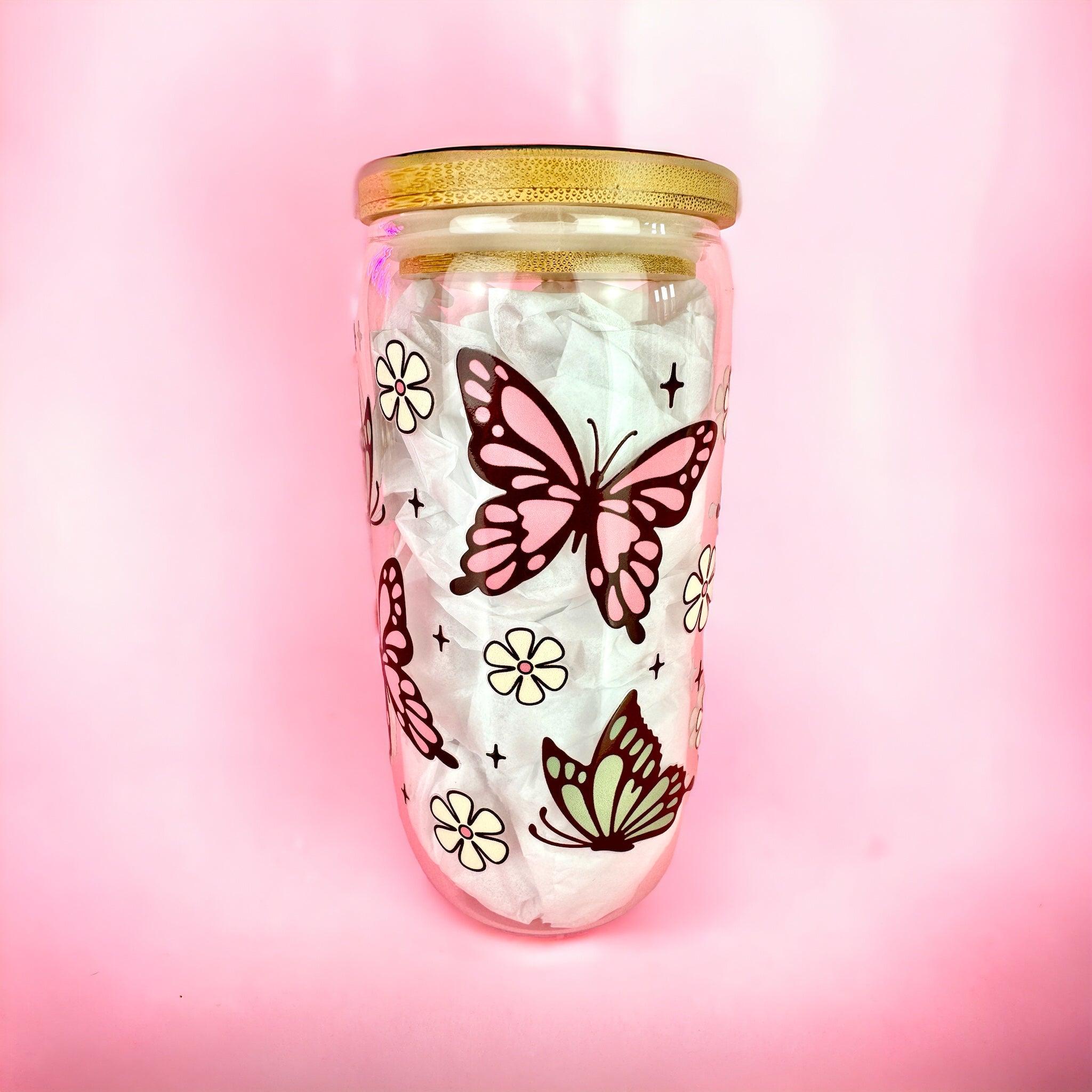 Butterfly Floral 16oz (455ml) Iced Coffee Glass Cup