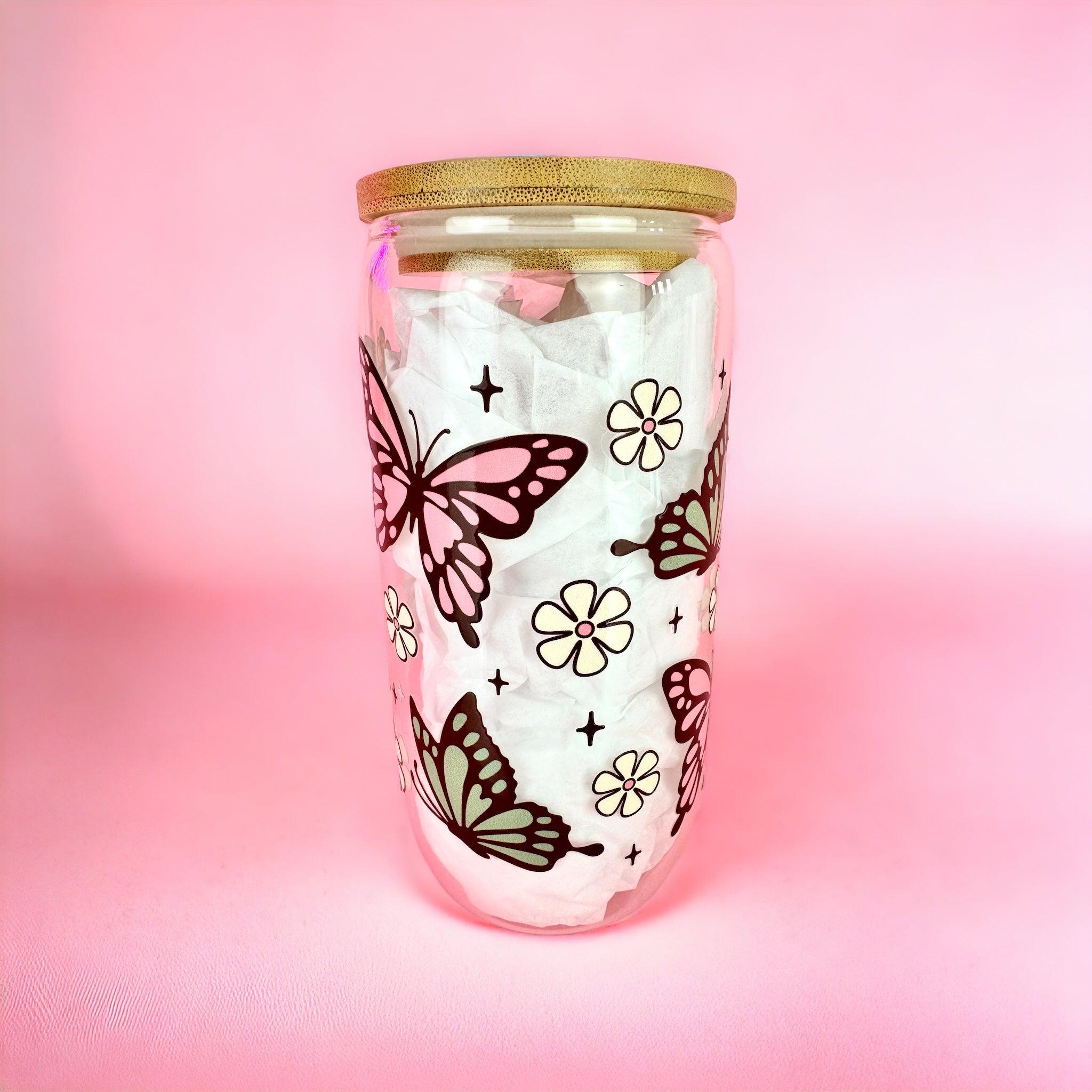 Butterfly Floral 16oz (455ml) Iced Coffee Glass Cup