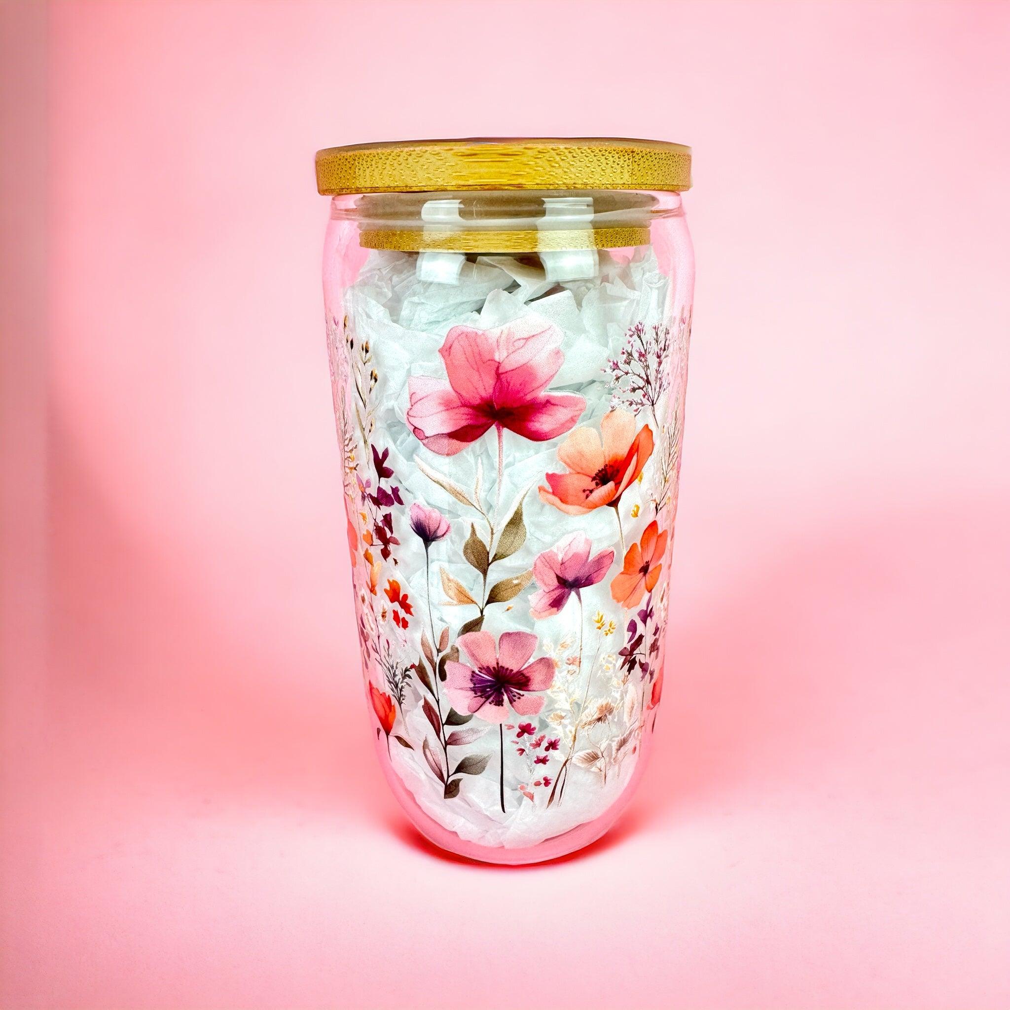 Pink Wildflowers 16oz (455ml) Iced Coffee Glass Cup