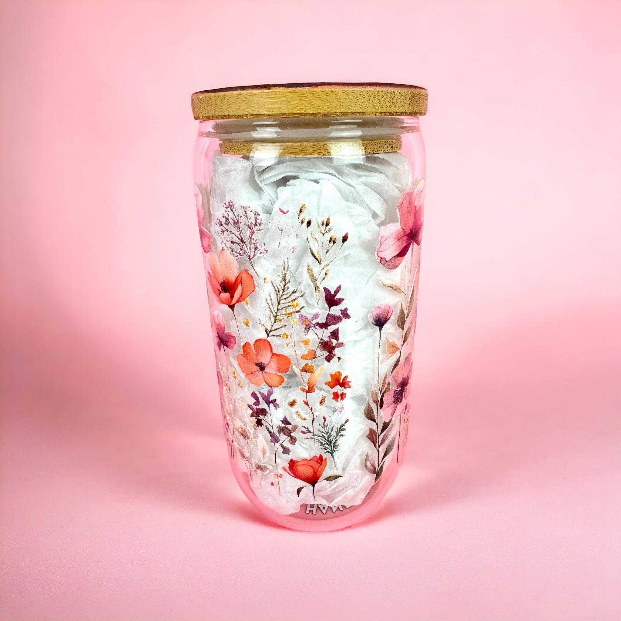 Pink Wildflowers 16oz (455ml) Iced Coffee Glass Cup