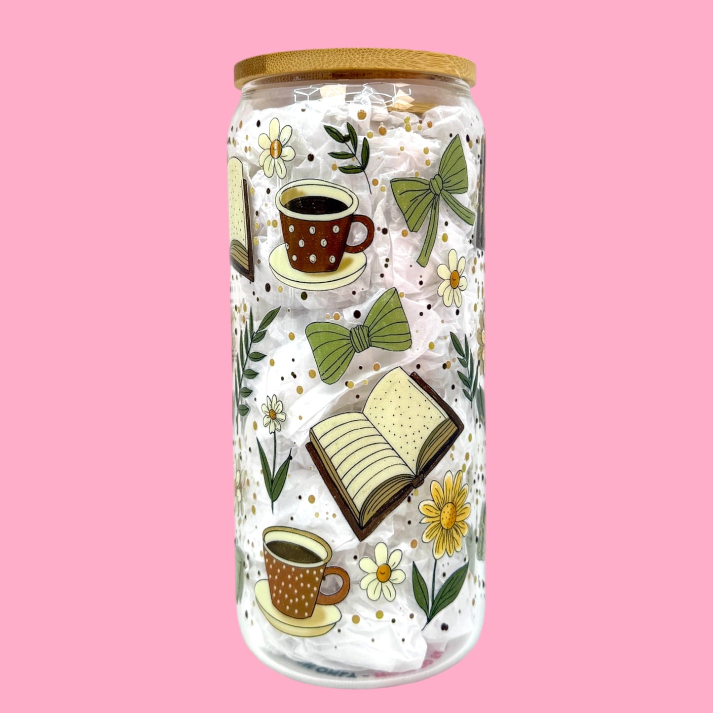 📚Cozy Bookish Bow 20oz Glass Cup