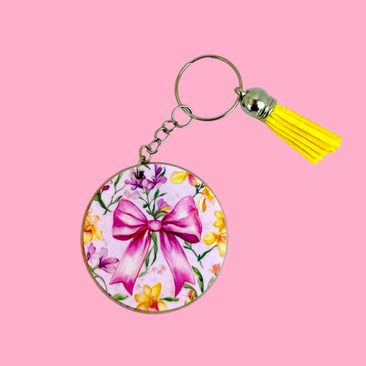 🌸 Pink Bow Floral Acrylic Keyring with Tassel 🌼