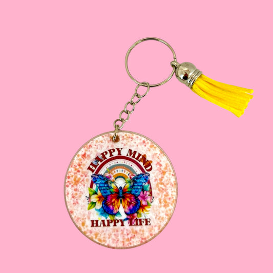 🦋 Happy Mind, Happy Life Acrylic Keyring 🌈✨
