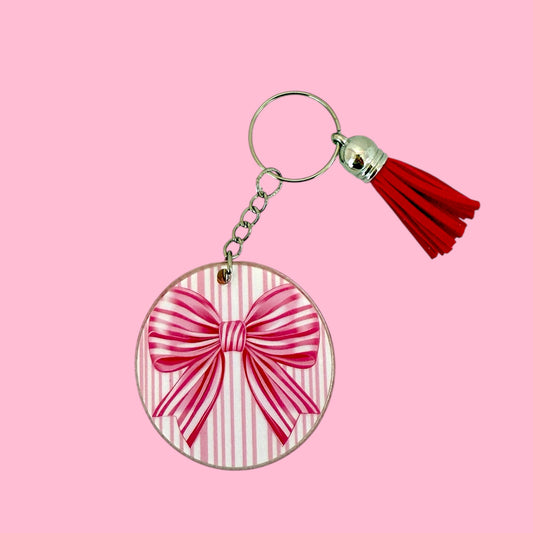 🎀 Pink Striped Bow Acrylic Keyring with Tassel 🎀