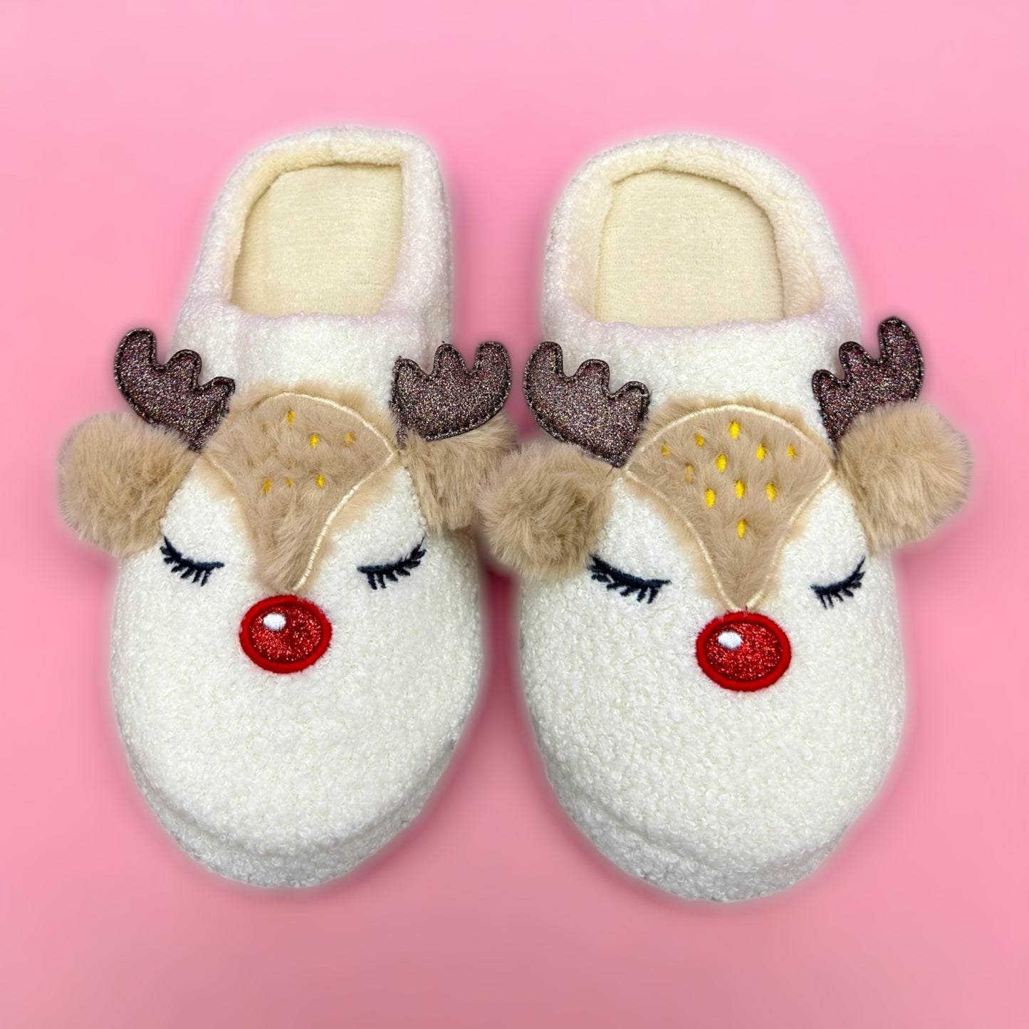 🦌 Cream Reindeer Christmas Slippers 🎄✨