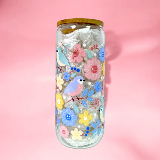 🌼 Chirp & Bloom 20oz Glass Cup 🐤✨