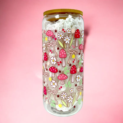 🌸🍄 Forest Whimsy 20oz Glass Cup with Bamboo Lid 🌿🎀