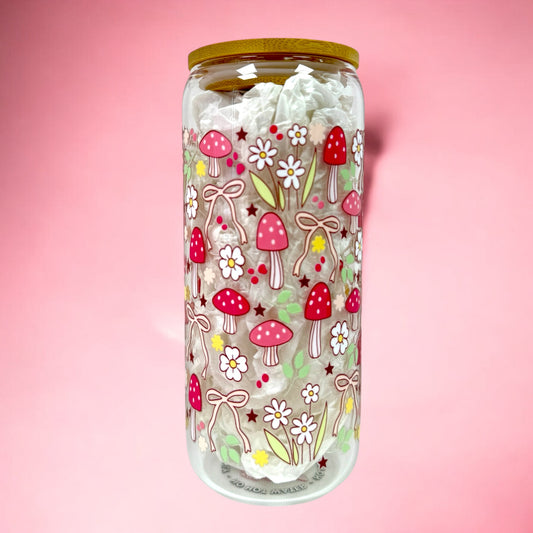 🌸🍄 Forest Whimsy 20oz Glass Cup with Bamboo Lid 🌿🎀