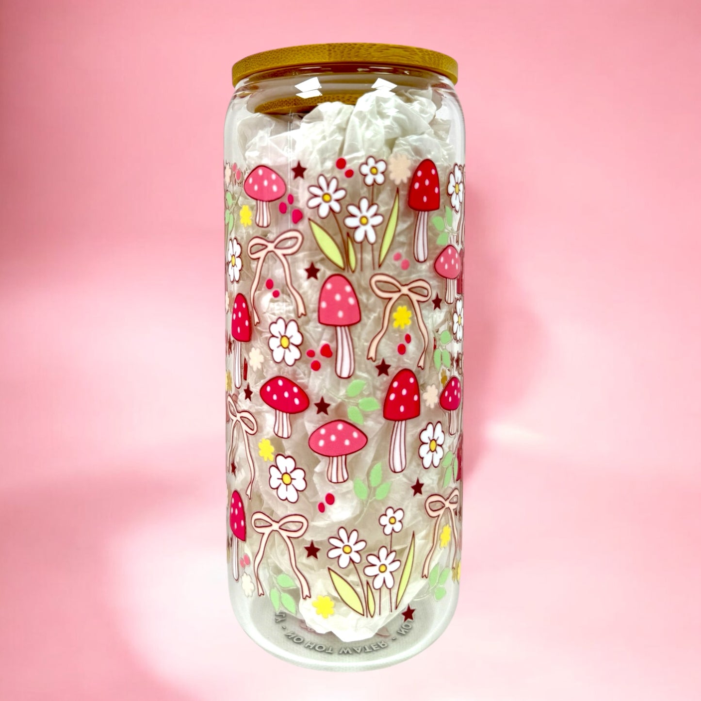 🌸🍄 Forest Whimsy 20oz Glass Cup with Bamboo Lid 🌿🎀