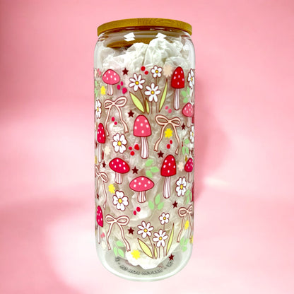 🌸🍄 Forest Whimsy 20oz Glass Cup with Bamboo Lid 🌿🎀