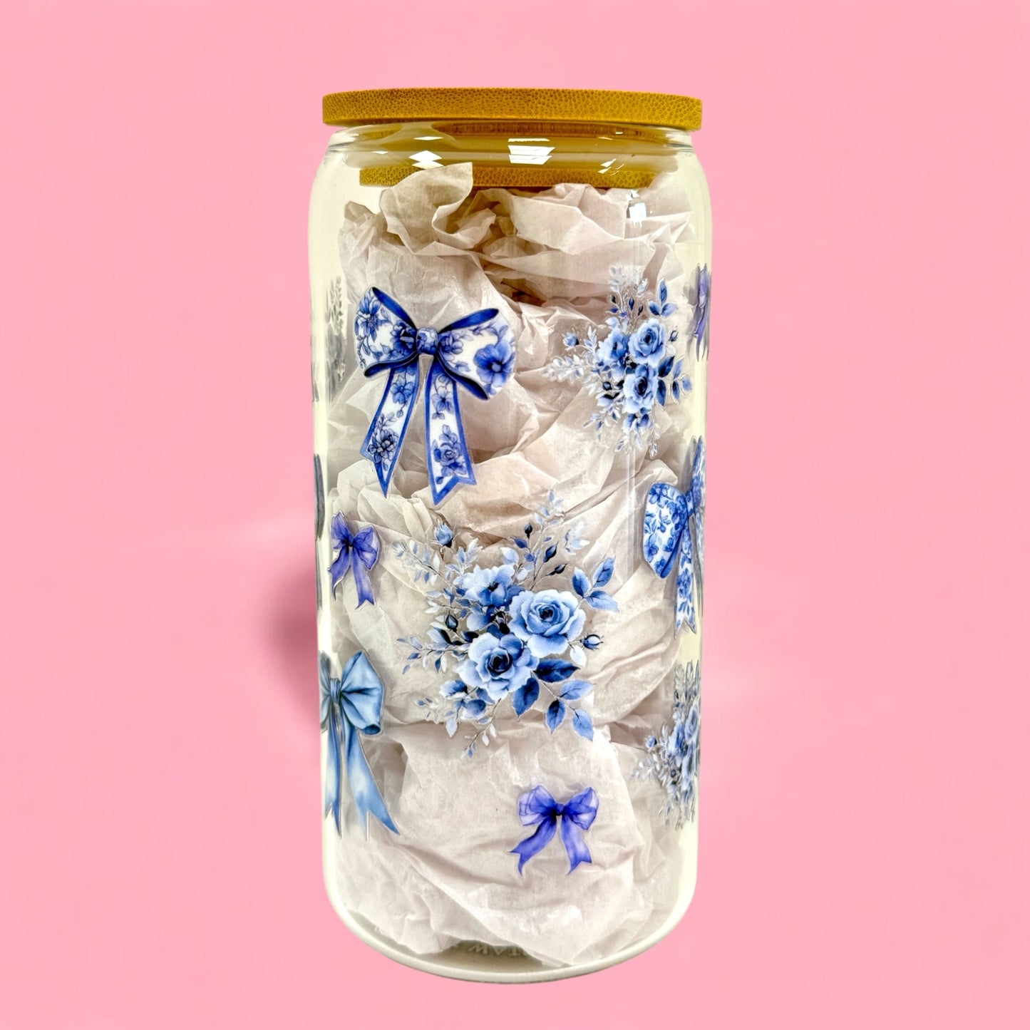 💙 Blue Bow Floral 16oz Glass Cup with Bamboo Lid & Straw