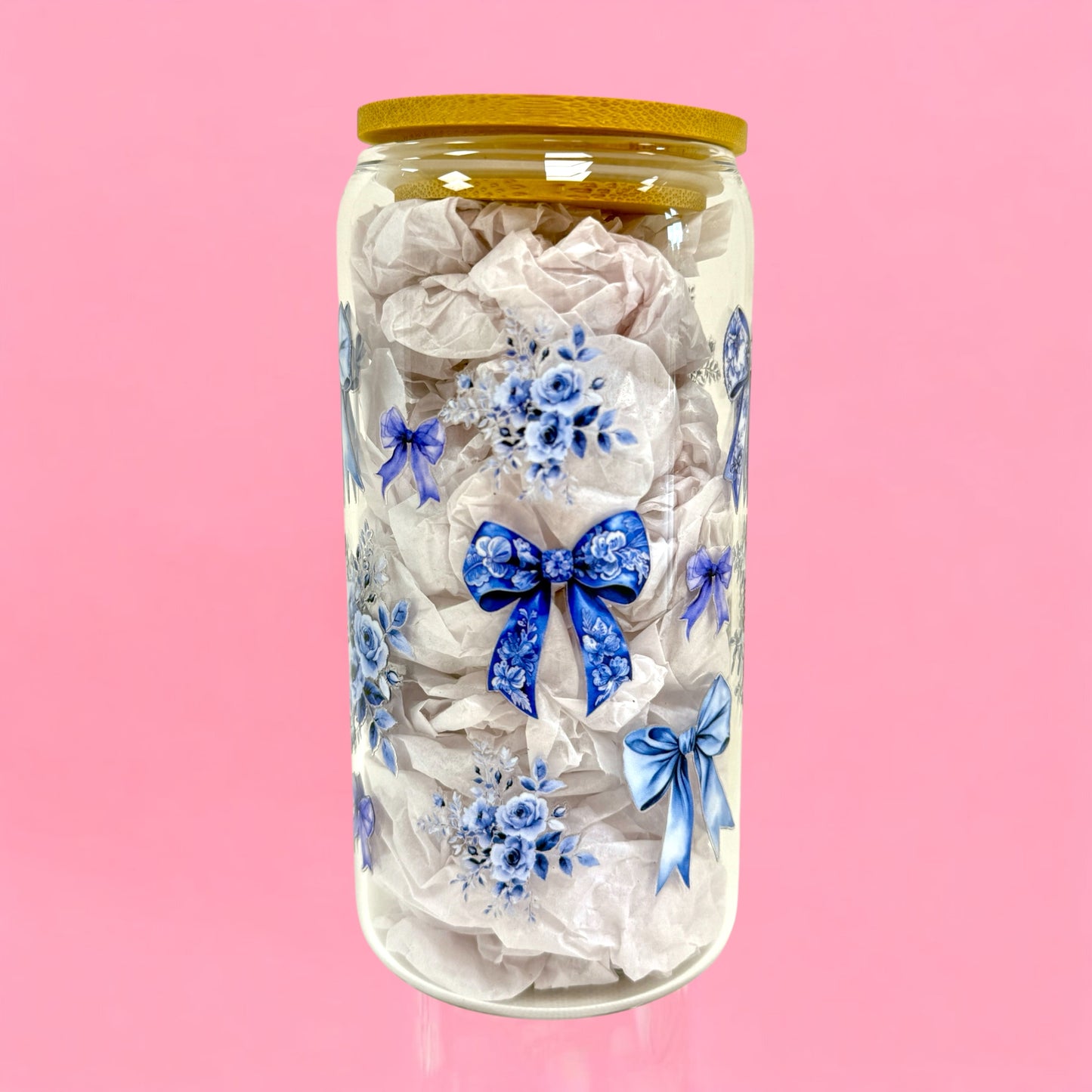 💙 Blue Bow Floral 16oz Glass Cup with Bamboo Lid & Straw