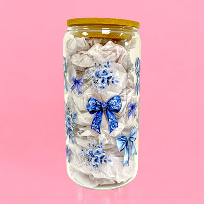 💙 Blue Bow Floral 16oz Glass Cup with Bamboo Lid & Straw