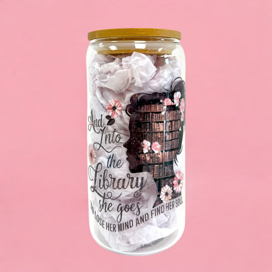 📚✨ Into the Library 16oz Glass Cup – Floral Book Lover Edition