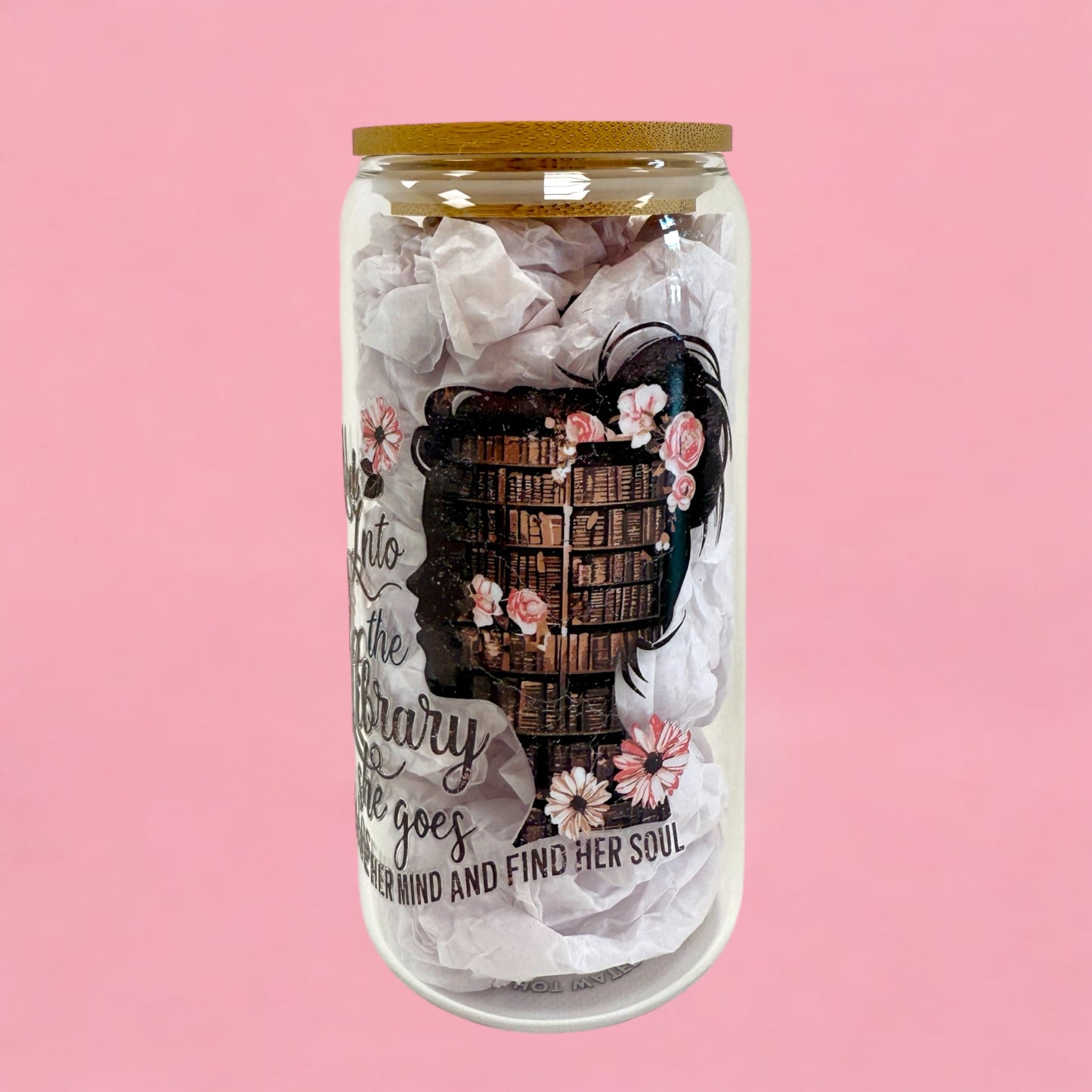 📚✨ Into the Library 16oz Glass Cup – Floral Book Lover Edition