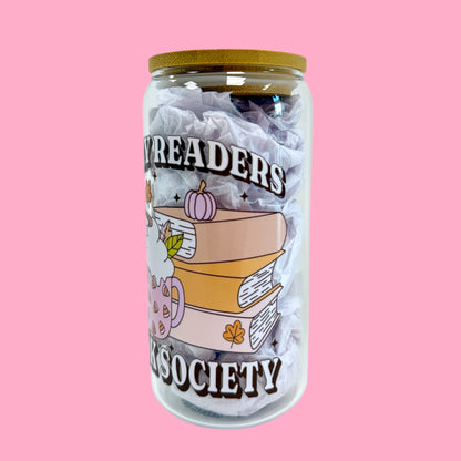 📚 Cozy Readers Book Society Glass Cup – 16oz ☕🍂