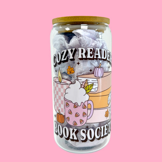 📚 Cozy Readers Book Society Glass Cup – 16oz ☕🍂