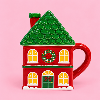 🎄🏠 Red Christmas House Ceramic Mug with Lid 12 oz ❤