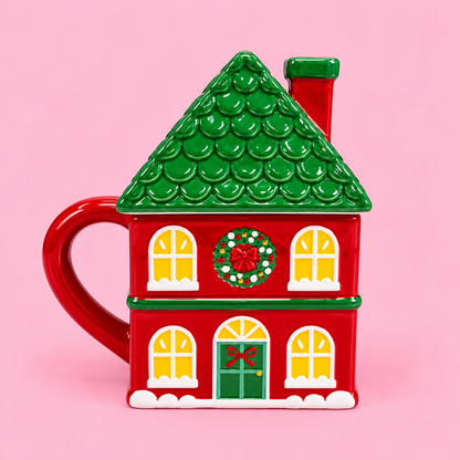 🎄🏠 Red Christmas House Ceramic Mug with Lid 12 oz ❤