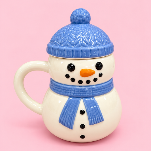 ⛄💙 Snowman Ceramic Mug with Lid 16oz ❄️