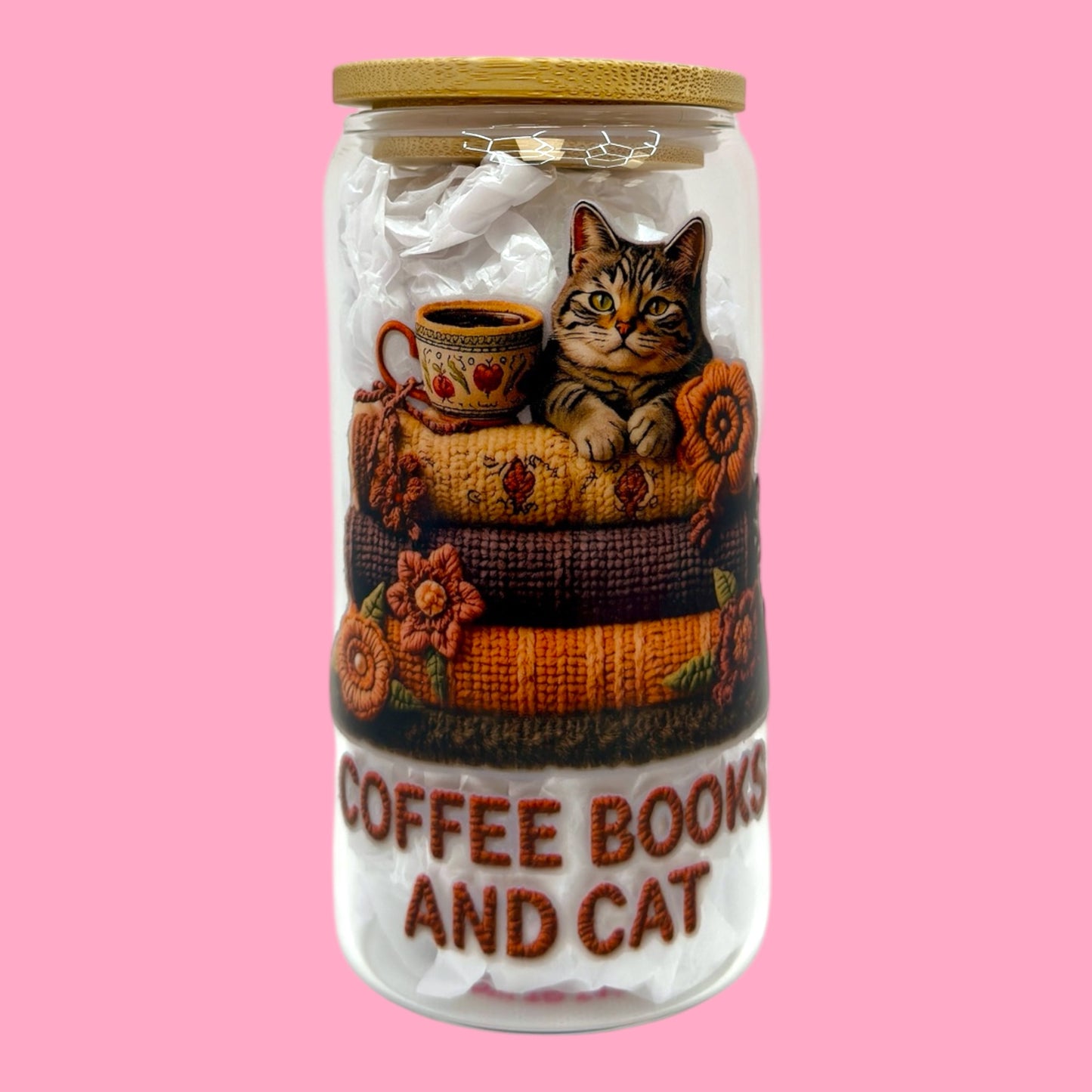 ☕️📚🐱 Coffee, Books & Cat Glass Cup, 16oz