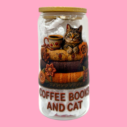 ☕️📚🐱 Coffee, Books & Cat Glass Cup, 16oz