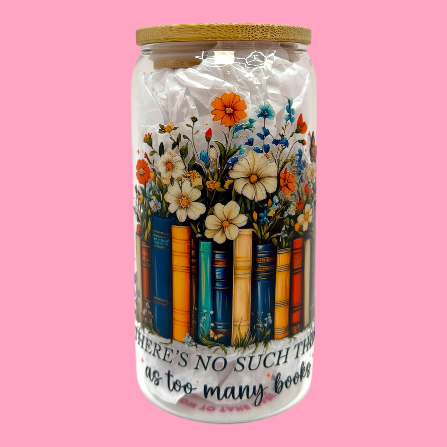 📚🌼 No Such Thing as Too Many Books Glass Cup, 16oz