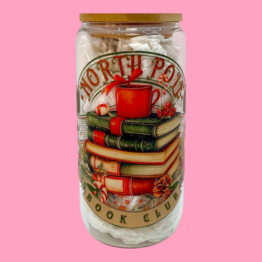 🎄☕ North Pole Book Club 16oz Glass Cup 📚✨