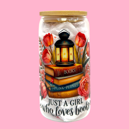 📖🌷 Just a Girl Who Loves Books, 16oz Floral Glass Cup