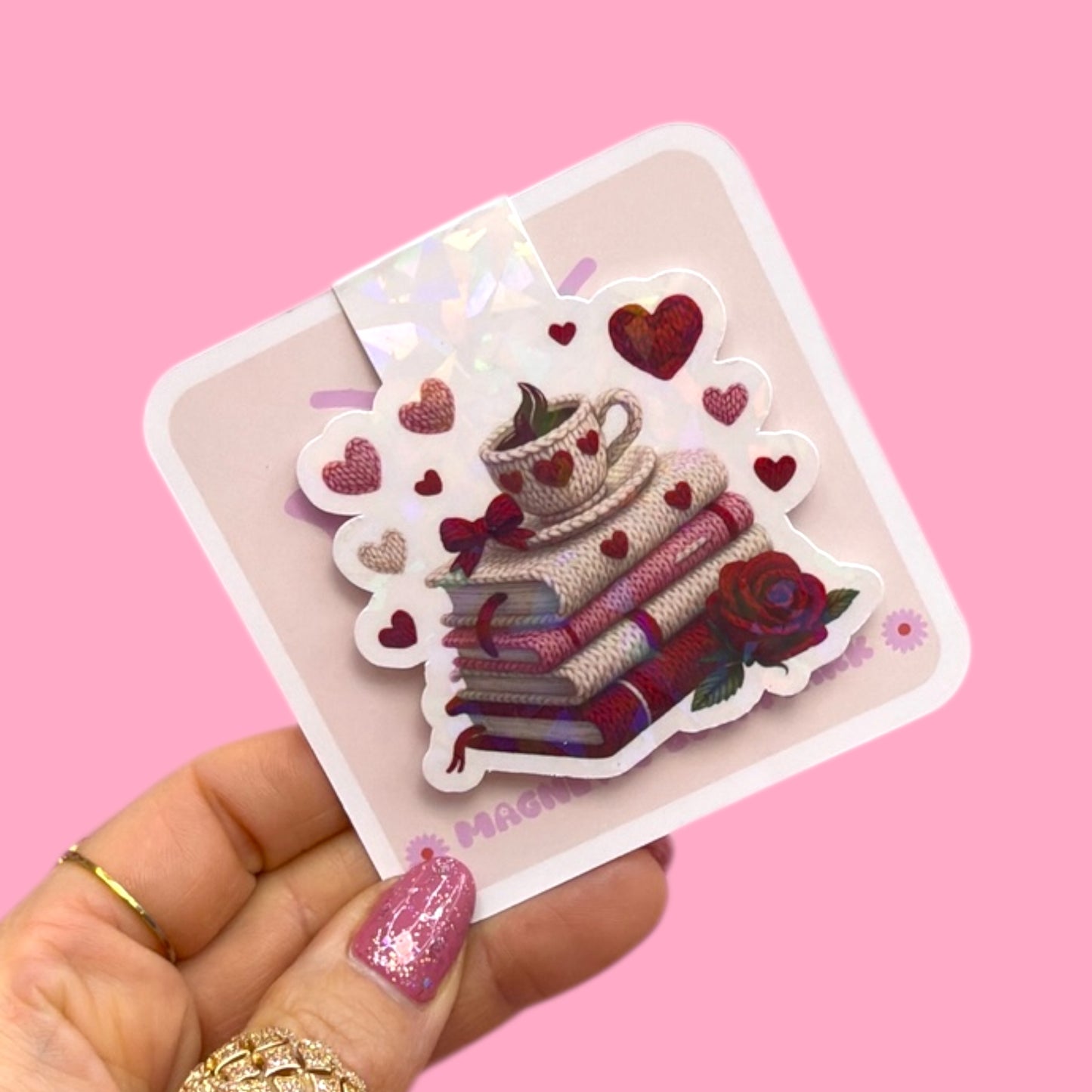 💗☕📚 Cozy Hearts, Coffee & Books Holographic Magnetic Bookmark