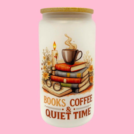 ☕📚 Books, Coffee & Quiet Time – 16oz Frosted Glass Cup 📚☕