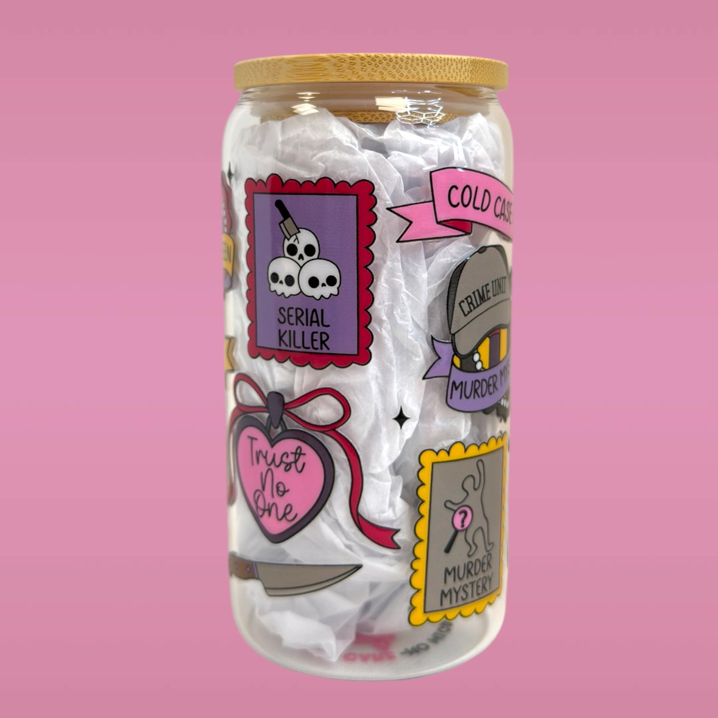 📚Thriller & True Crime Lover 16oz Glass Cup 💀