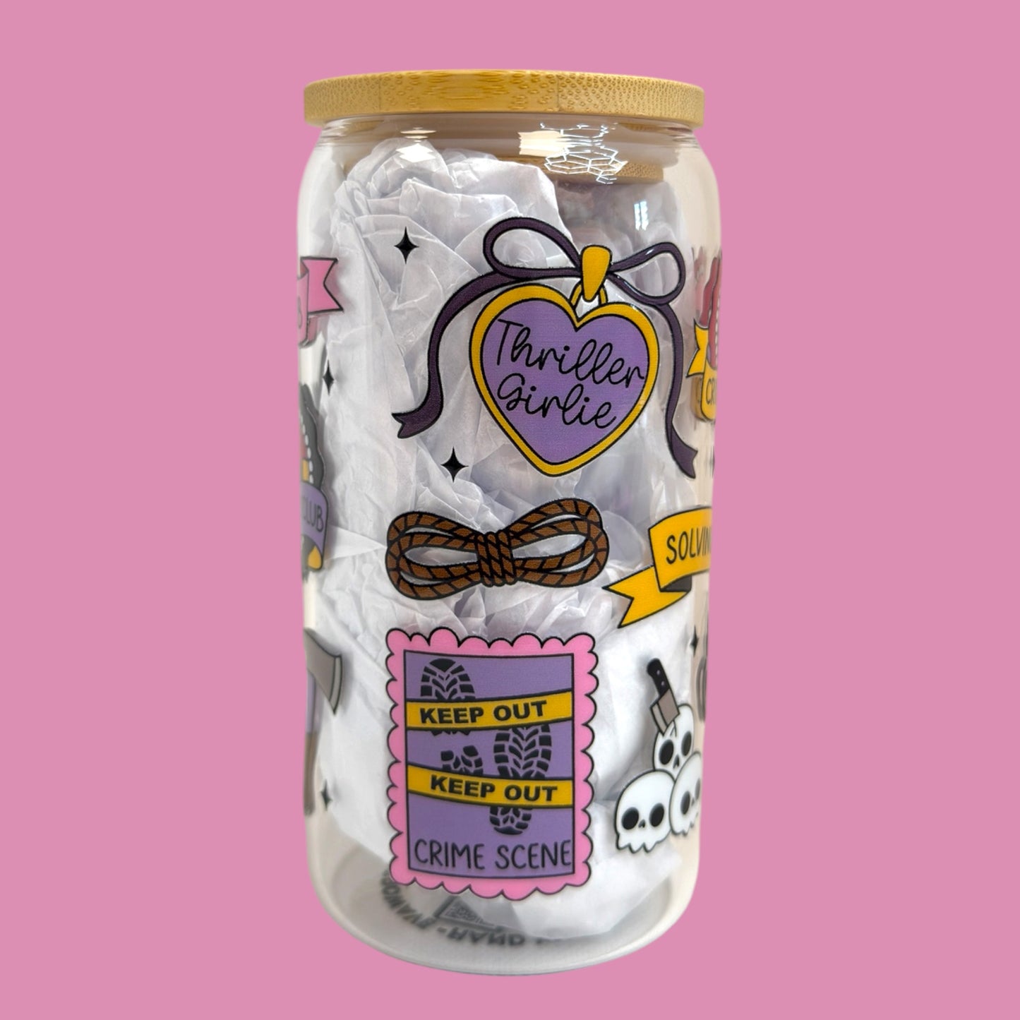 📚Thriller & True Crime Lover 16oz Glass Cup 💀