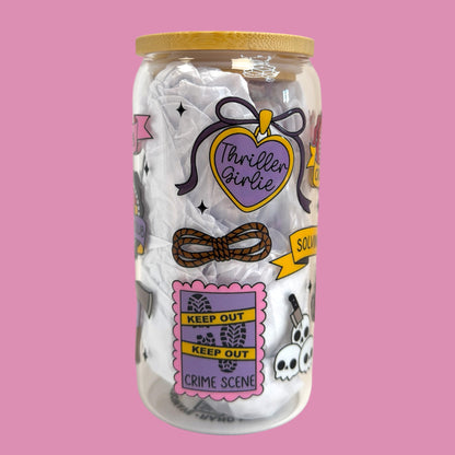 📚Thriller & True Crime Lover 16oz Glass Cup 💀