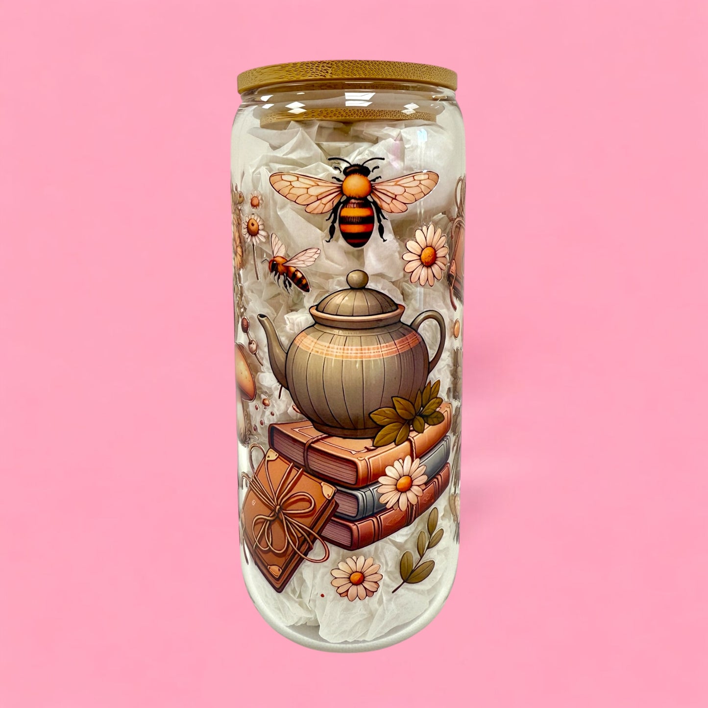 🌼 Honey Bee & Book Nook 20oz Glass Cup 🍯📚