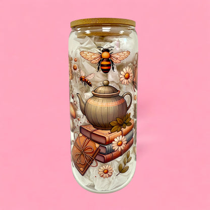 🌼 Honey Bee & Book Nook 20oz Glass Cup 🍯📚