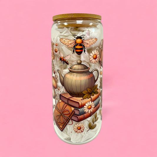 🌼 Honey Bee & Book Nook 20oz Glass Cup 🍯📚