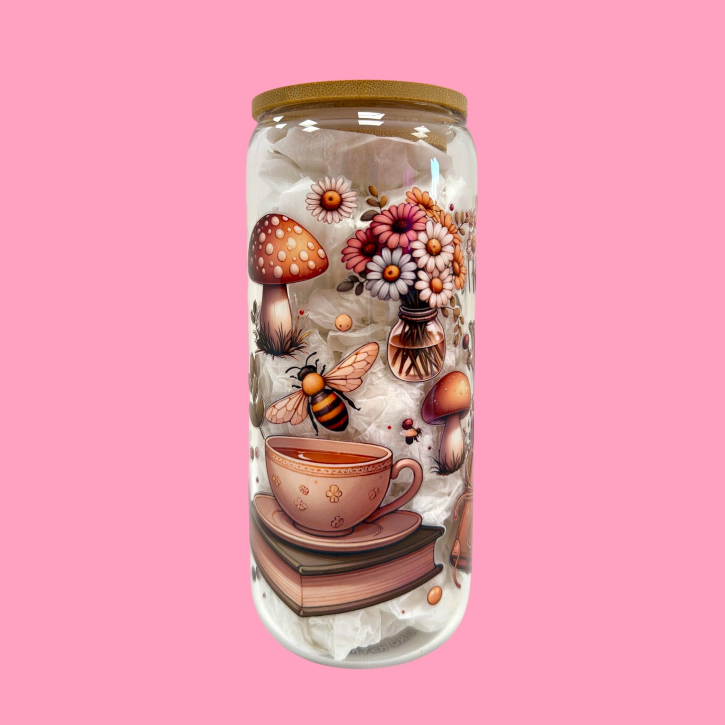 🌼 Honey Bee & Book Nook 20oz Glass Cup 🍯📚