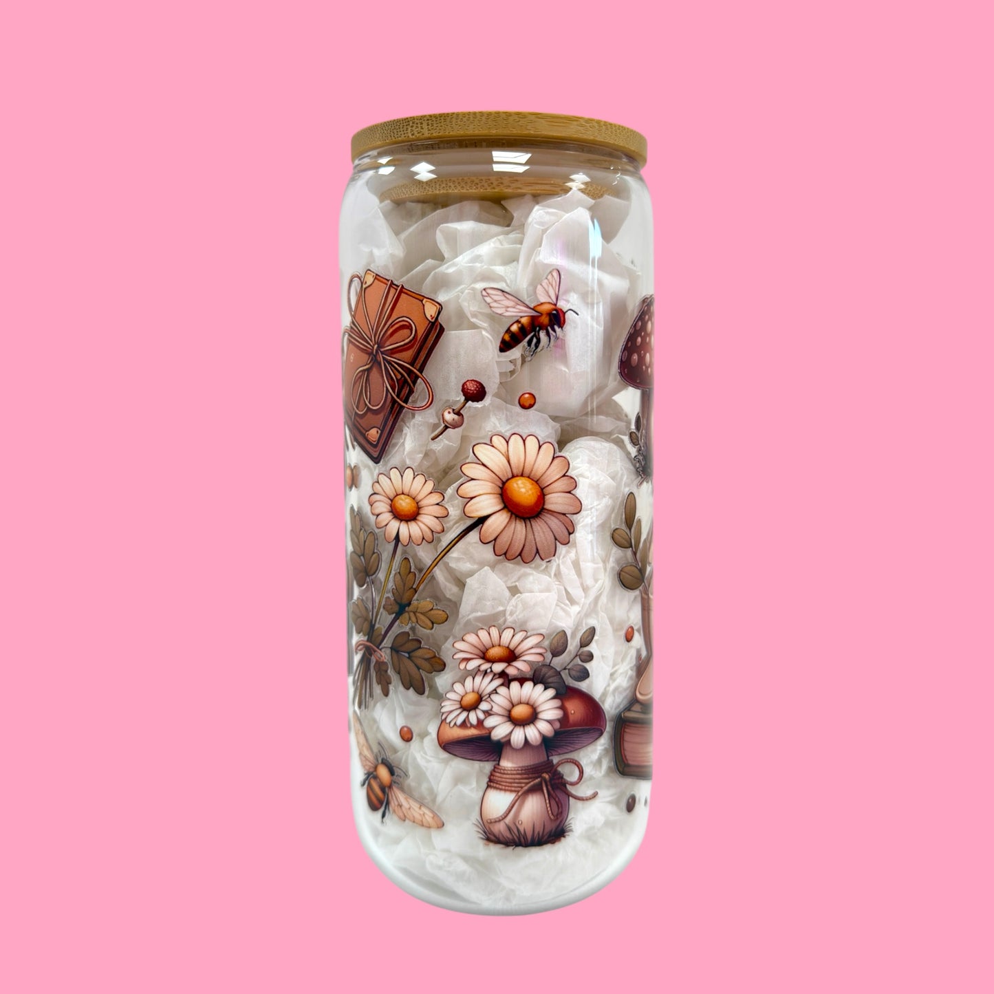 🌼 Honey Bee & Book Nook 20oz Glass Cup 🍯📚