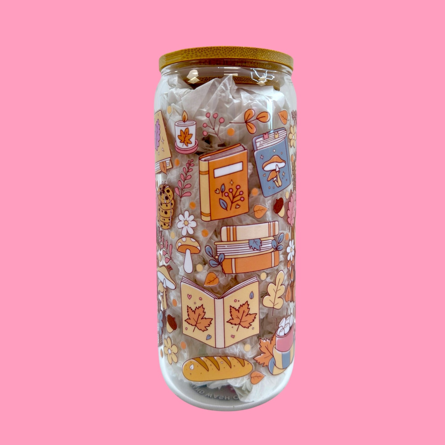 📚🍁 Cozy Reads & Fall Dreams – 20oz Glass Cup 🐱☕🍄