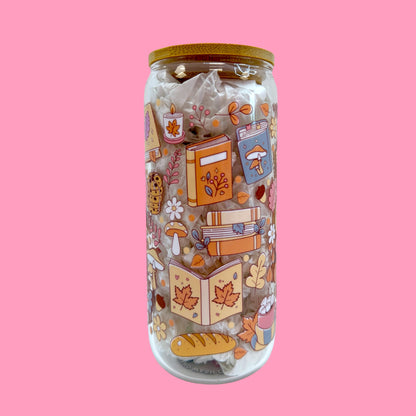 📚🍁 Cozy Reads & Fall Dreams – 20oz Glass Cup 🐱☕🍄