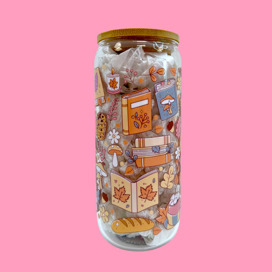 📚🍁 Cozy Reads & Fall Dreams – 20oz Glass Cup 🐱☕🍄