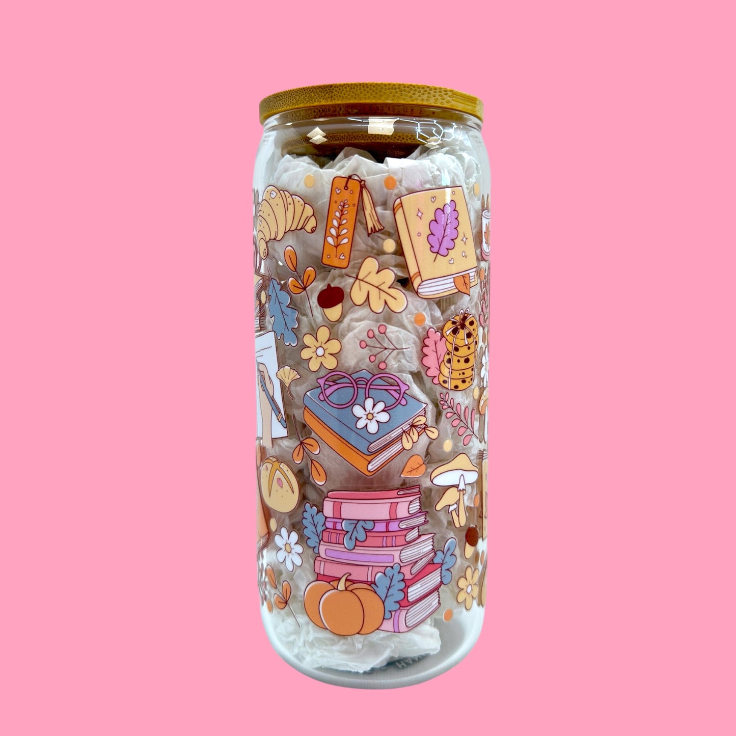 📚🍁 Cozy Reads & Fall Dreams – 20oz Glass Cup 🐱☕🍄
