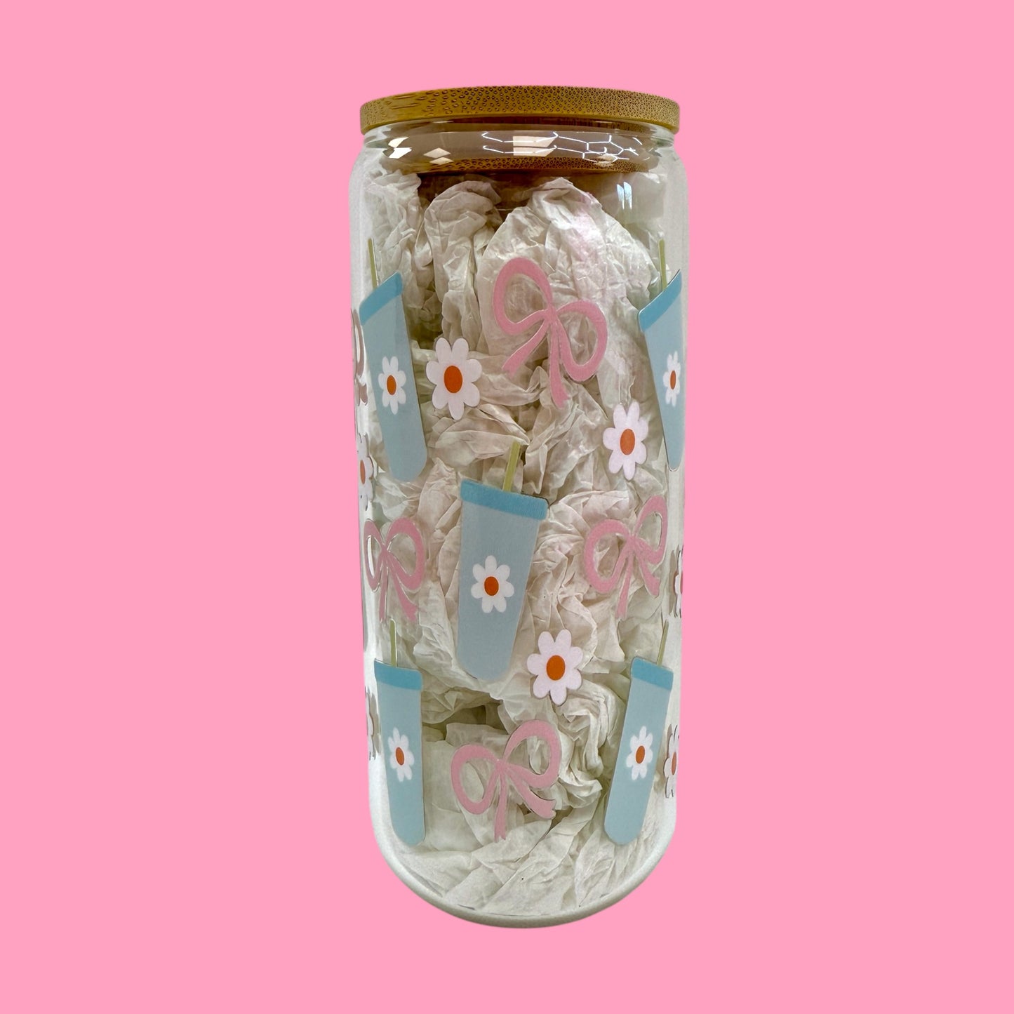 ✨ 20oz Girly Glass Cup – Daisies, Bows & Iced Coffee Dreams ✨