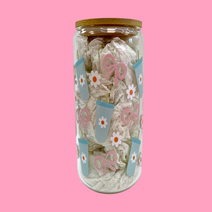 ✨ 20oz Girly Glass Cup – Daisies, Bows & Iced Coffee Dreams ✨