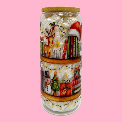 🎁📚 Holiday Bookshelf Glass Cup – 20oz ✨