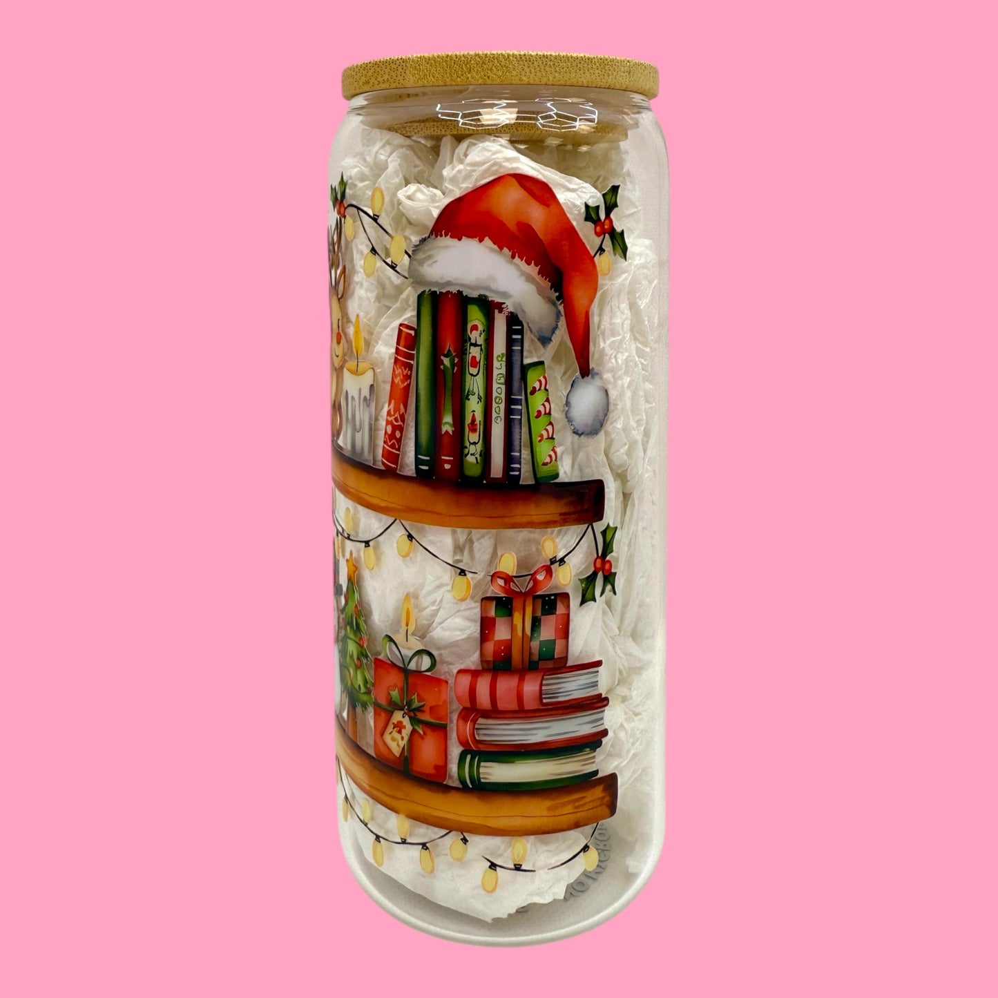 🎁📚 Holiday Bookshelf Glass Cup – 20oz ✨